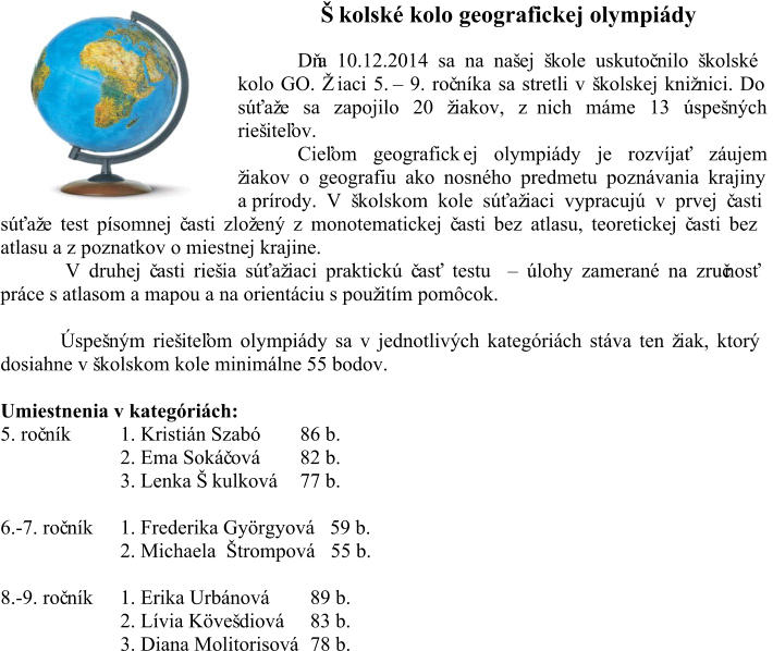 Školské kolo geografickej olympiády Dňa 10.12.2014 sa na našej škole uskutoč nilo školské  kolo GO. Žiaci 5.  – 9. roč níka sa stretli v školskej knižnici. Do  súťaže sa zapojilo 20 žiakov, z nich máme 13 úspešných  riešiteľov. Cieľom geografick ej olympiády je rozvíjať záujem  žiakov o geografiu ako nosného predmetu poznávania krajiny  a prírody. V školskom kole súťažiaci vypracujú v prvej č asti  súťaže test písomnej č asti zložený z monotematickej č asti bez atlasu, teoretickej č asti bez  atlasu a z p oznatkov o miestnej krajine. V druhej č asti riešia súťažiaci praktickú č asť testu  – úlohy zamerané na zručnosť  práce s atlasom a mapou a na orientáciu s použitím pomôcok.   Úspešným riešiteľom olympiády sa v jednotlivých kategóriách stáva ten žiak, ktorý  dosiahne v školskom kole minimálne 55 bodov. Umiestnenia v kategóriách: 5. roč ník  1. Kristián Szabó 86 b. 2. Ema Sokáč ová 82 b. 3. Lenka Škulková  77 b. 6. - 7. roč ník 1 . Frederika Györgyová    59 b. 2. Michaela  Štrompová     55 b. 8. - 9. roč ník 1. Erika Urbánová 89 b. 2. Lívia Kövešdiová 83 b. 3. Diana Molitorisová 78 b.